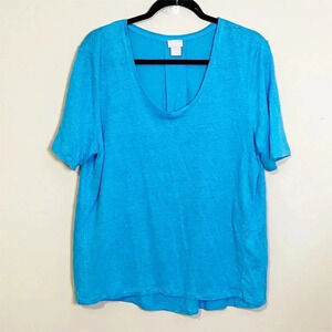 Chico's Blue 100% Linen Short Sleeve Relaxed Fit Blouse L (2)